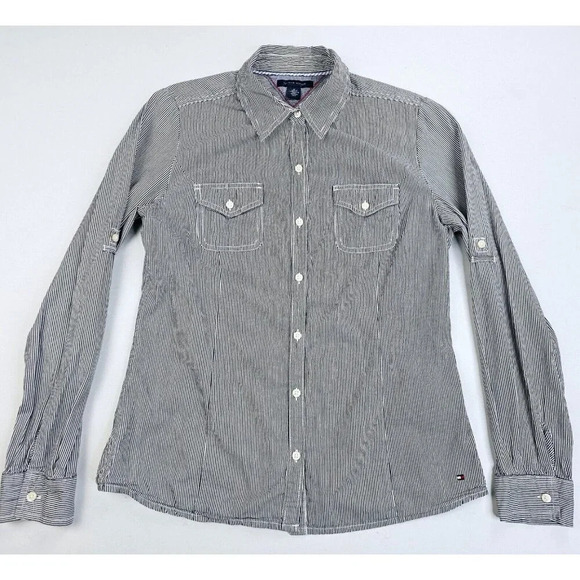 Tommy Hilfiger Size Medium Women's Black White Stripe Elbow Button Logo Shirt - Picture 5 of 13